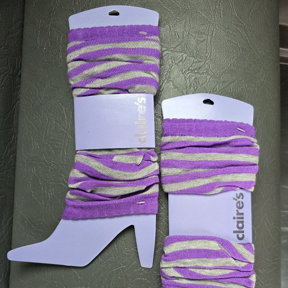 Brand New With Tags! 2 Pairs of Claire's Purple & Gray Striped Leg Warmers.